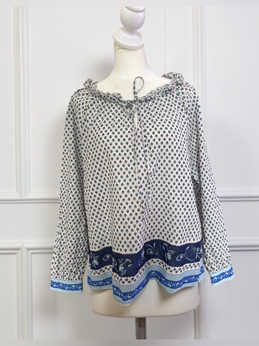 J. Crew White and Blue Printed Peasant Blouse
